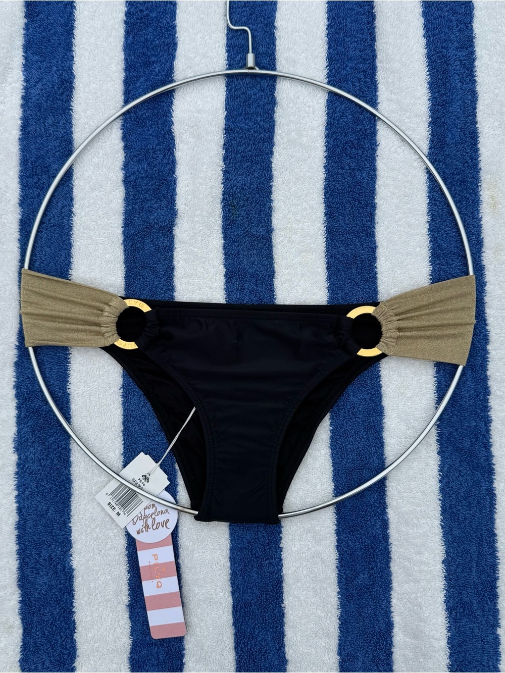 Pilyq Black Bikini Bottoms with Gold-Tan Side Panels. NWT